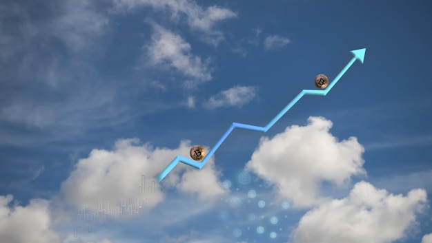 Stock Market Arrow Uptrend Staafdiagram en Bitcoin Crypto Currencydollar symbool contant geld op blauwe hemelachtergrond Technologie Digitale handel Forex stabiele muntGroei Winst inkomen investeringen financiering