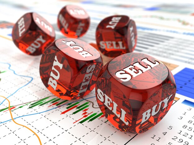 Stock market buy or sell Dice on financial graph 3d