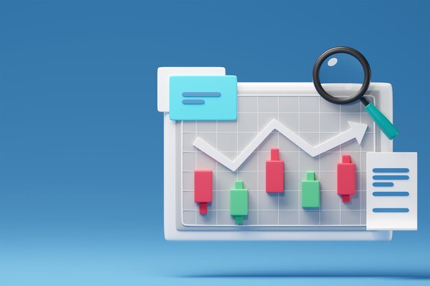 stock market chart and magnifying glass blue background 3d render