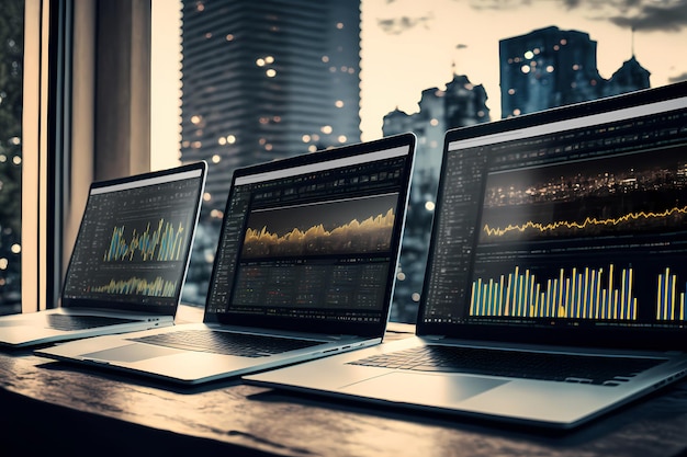 Stock market concept Row identical open laptops with different stock market graphs in front city