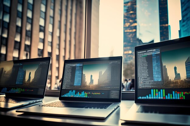 Stock market concept Row identical open laptops with different stock market graphs in front city