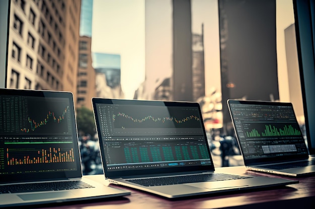 Концепция фондового рынка Ряд идентичных открытых ноутбуков с различными графиками фондового рынка в передней части города