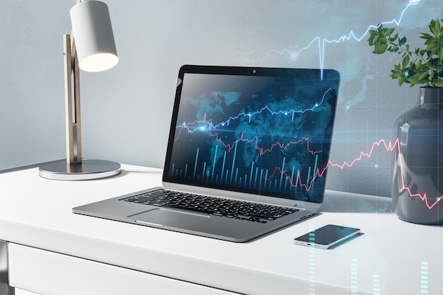 Stock market concept with stylish workspace world map and financial chart indicators on modern laptop monitor and digital forex market diagram and candlestick 3D rendering double exposure