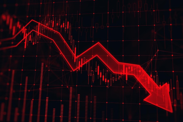 Stock market crash and economy crisis concept with digital red arrow and glowing financial chart candlestick and diagram on dark technological background with indicators 3D rendering