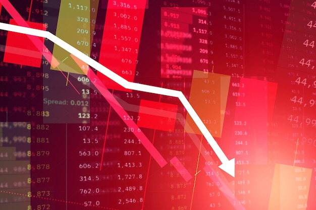 Photo stock market and cryptocurrency market in free fall a red arrow points to the bottom where bitcoin and other digital currencies are heading this is the worst economic crisis in history