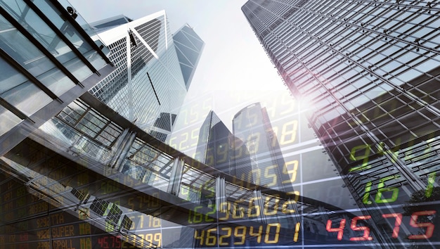 Stock market exchange on a skyscraper in hong kong\
background