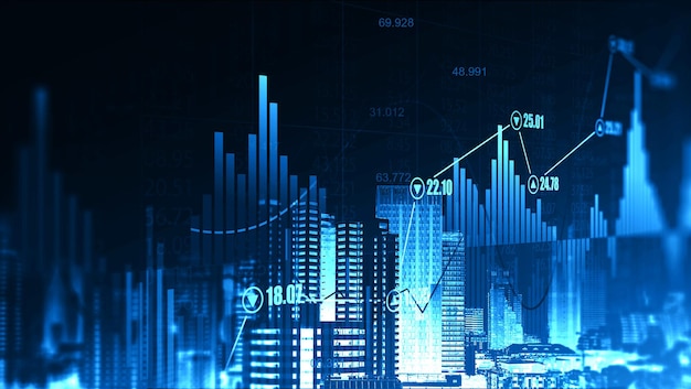 Foto grafico del mercato azionario o del forex trading sullo sfondo grafico del concetto di doppia esposizione