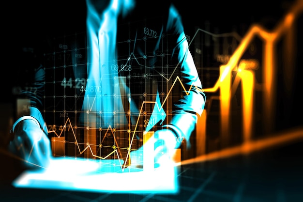 Foto mercato azionario o grafico di trading forex in concetto di doppia esposizione grafica.