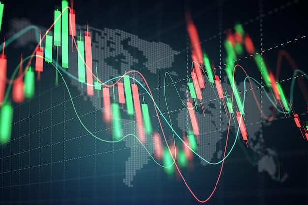 График фондового рынка или форекс с картой мира, представляющей глобальную сетевую линию данных каркаса бизнес-концепции баннер