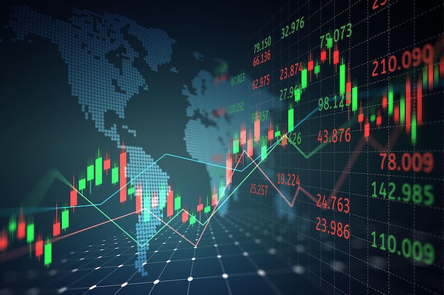 График фондового рынка или форекс с картой мира, представляющей глобальную сетевую линию каркаса данных бизнес-концепции баннер