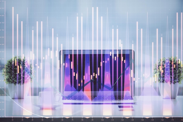 Stock market graph on background with desk and personal computer Multi exposure Concept of financial analysis