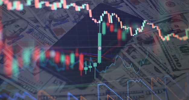 주식 시장 그래프 차트입니다. Forex 거래 시장을 위한 디지털 정보. 추상 빛나는 외환 차트 인터페이스 벽지. 투자, 무역, 주식, 금융 및 분석 개념.