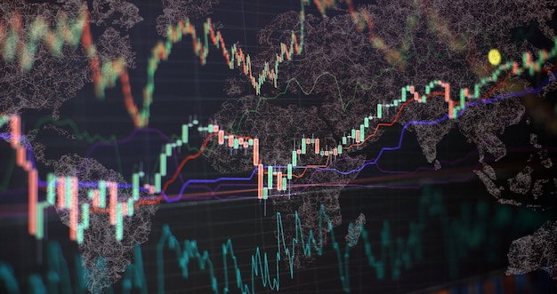 Stock market graph chart. The digital information for Forex trading market. Abstract glowing forex chart interface wallpaper. Investment, trade, stock, finance and analysis concept.