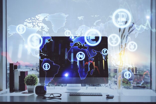 Stock market graph and table with computer background Multi exposure Concept of financial analysis