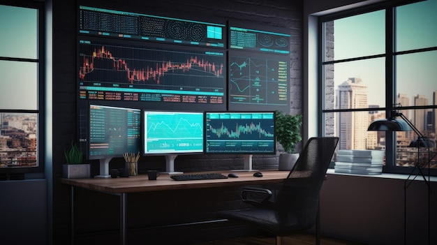 График роста фондового рынка, финансовая неоновая диаграмма на экране в современном офисе, баннер Ai