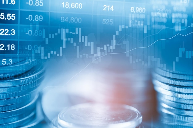 Moneta finanziaria di trading di investimento del mercato azionario e grafico grafico o forex per analizzare lo sfondo dei dati di tendenza di affari di finanza di profitto