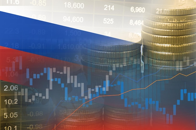 Moneta finanziaria di scambio di investimenti nel mercato azionario e bandiera della russia o forex per analizzare lo sfondo dei dati di tendenza di affari di finanza di profitto