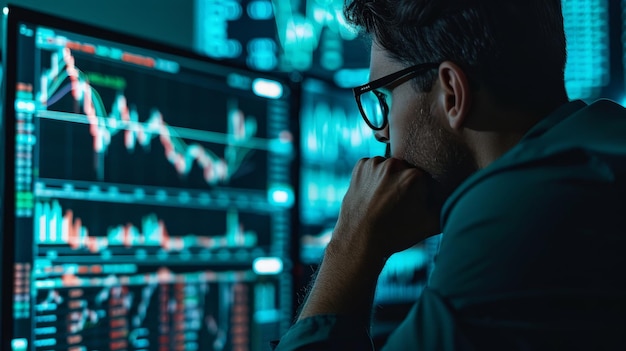 Инвестор-аналитик, брокер, анализирующий финансовую торговлю, криптовалютный рынок, биржа, платформа цифровых диаграмм, данные на компьютере.