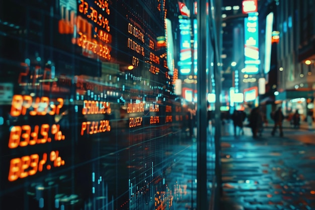 Stock market quotes reflected on city scene glass display