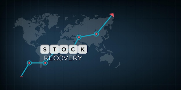 Stock market recovery business financial industrial and market\
sector comeback and upturn up arrow stock chart with world map on\
the blue background