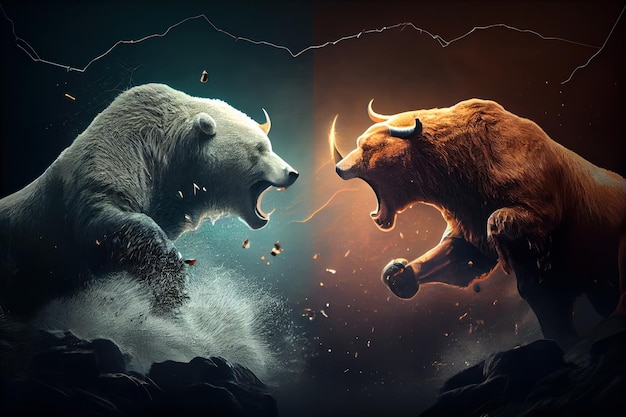 Stock market's iconic bull and bear statues staring each other down on Wall Street amidst a backdrop of business buildings AI Generative