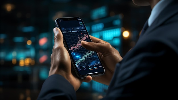 Stock market on the screen of the phone and in the background Stock analysis and currency exchange Generative AI