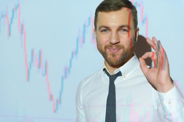 Stock Market Trader Working Investment Charts Graphs Ticker Diagrams Projected on His Face Financial Analyst and Digital Businessman Selling Shorts and Buying Longs