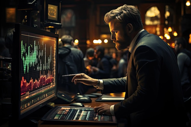 株式市場のトレーダーがチャートと株式ティッカーを分析している