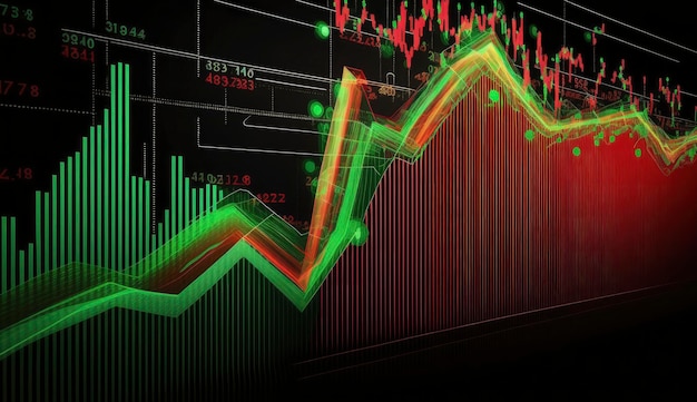 Stock market trading graph in red and green color as economy 3D illustration background Trading trends and economic development