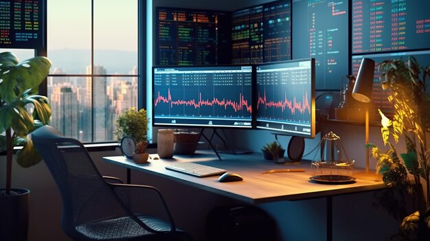 Stock market and trading screen monitors on the table generative AI