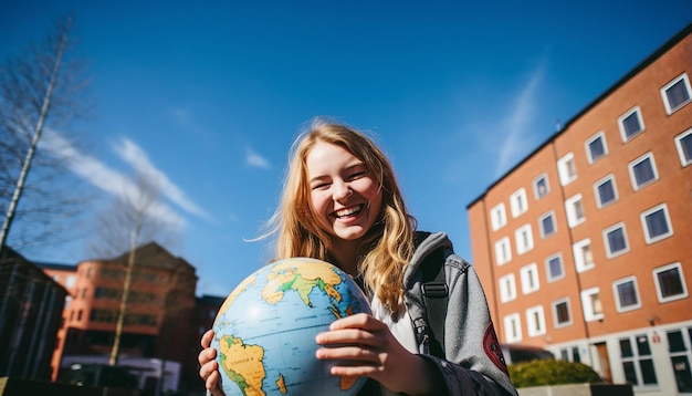 Foto foto stock di una ragazza di 18 anni in viaggio in euro felice e ridente con in mano una mappa del mondo