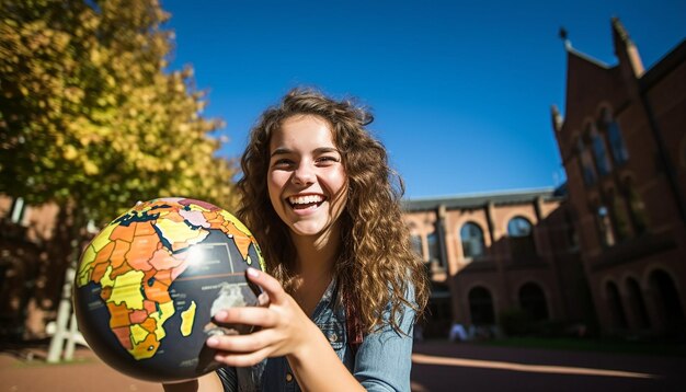 Stock photo of 18 year old girl on eurotrip happy and laughing holding a world map in her hands