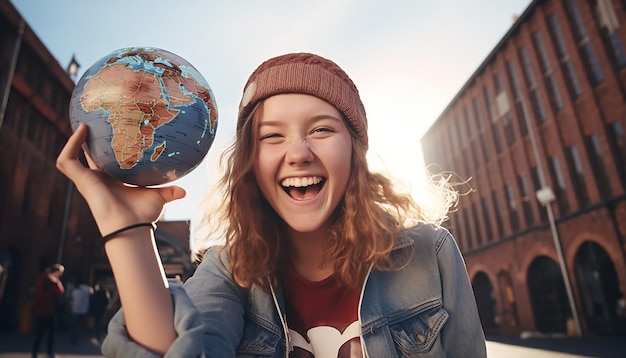 stock photo of 18 year old girl on eurotrip happy and laughing holding a world map in her hands