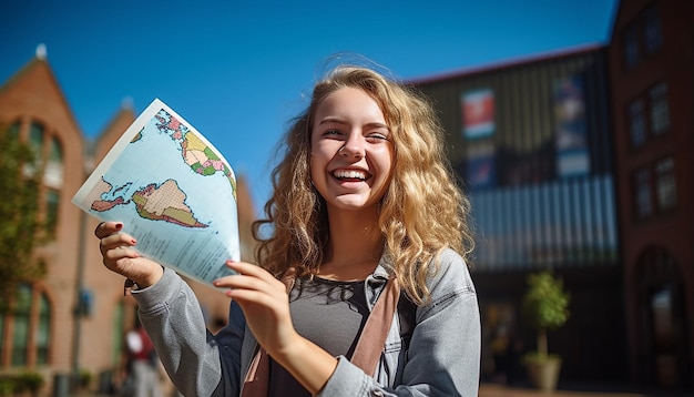 ヨーロッパ旅行で世界地図を手に持って幸せで笑っている 18 歳の女の子のストックフォト