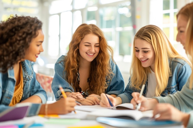 A stock photo about four adult young female student learning in a bright room