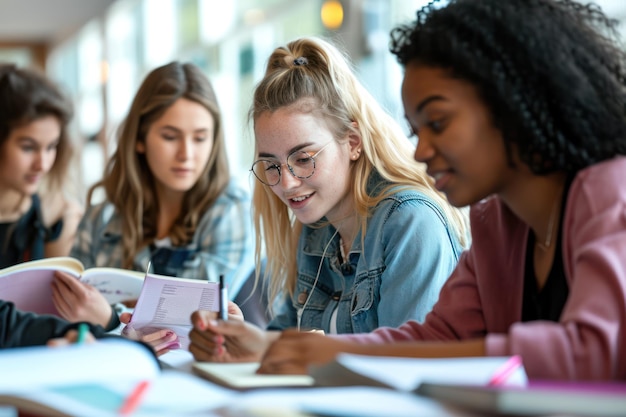 A stock photo about four adult young female student learning in a bright room