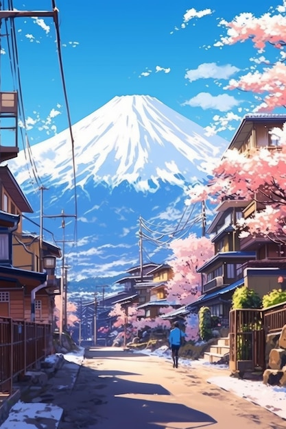 Stock photo of an anime picture with snow on the mountains