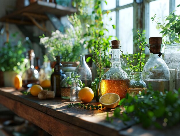 Stock photo of an apthecary shelf full of jars and bottle with homoeopathic tinctures and potions