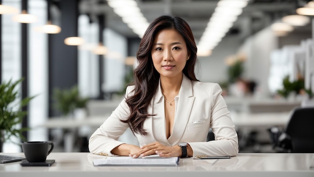 Фото азиатской бизнесменки на чистом белом столе