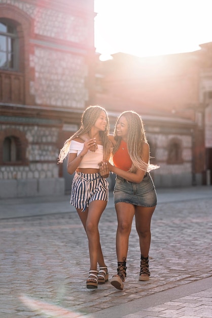 Stock photo of attractive african american sisters with cool braids having fun and hugging.