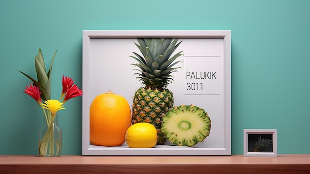 A stock photo of a blank white frame mockup next to a pineapple with a summer theme Generative AI