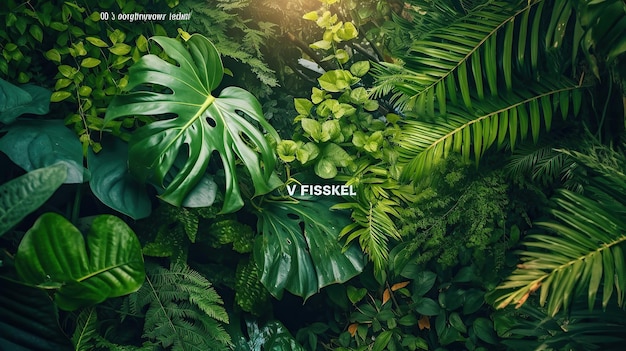 A stock photo of a blank white square frame mockup in a jungle leaves wall with a summer theme Generative AI