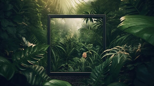 A stock photo of a blank white square frame mockup in a jungle leaves wall with a summer theme Generative AI