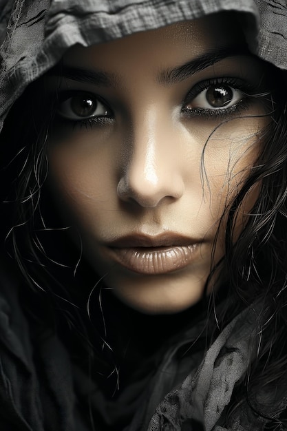 Stock photo close up macro of a black and white image of a woman in a scarf