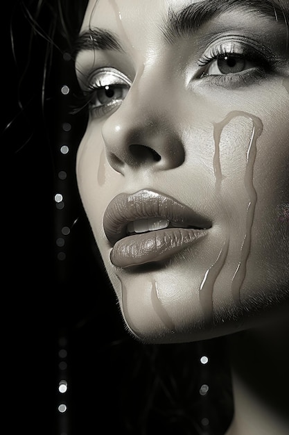 Stock photo close up macro of a black and white photograph showing a womans face with makeup