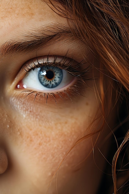 Стоковая фотография крупным планом макроса милой девушки с веснушками и голубыми глазами