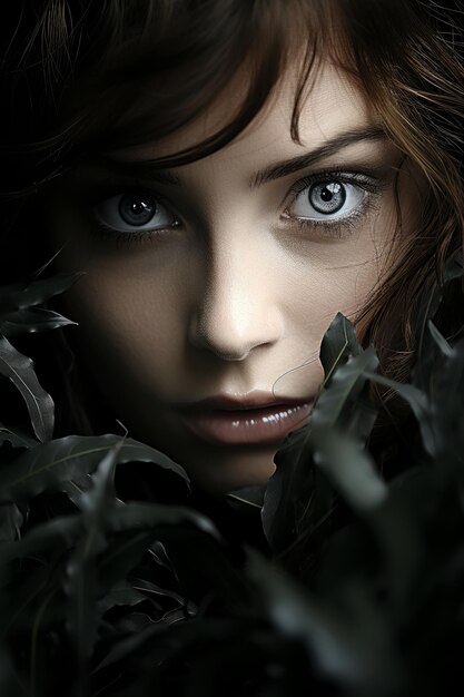 Stock photo close up macro of an image of a woman who looks through leaves
