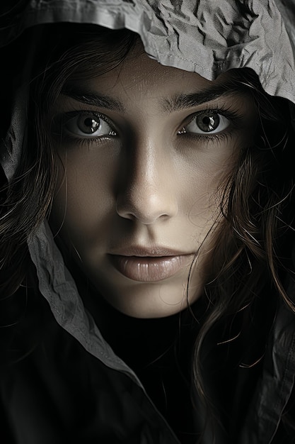 Stock photo close up macro of portrait of a woman with blue eyes covered in fur