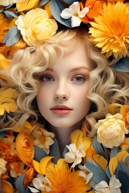 Stock photo close up macro of a woman wearing yellow flowers in her hair