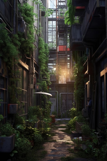 Stock photo of a dark street with green plants and other buildings